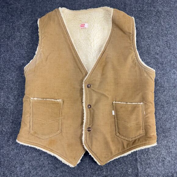 VTG 70s LEVI'S USA Mens Large Brown Cotton Corduroy Sherpa Fleece Lined Vest - Picture 1 of 12